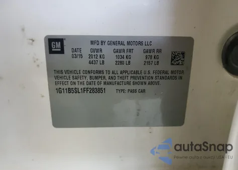 2015 Chevrolet Malibu Ls z USA, uszkodzony, nr VIN 1G11B5SL1FF283851